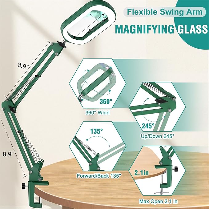 10X Rectangle Magnifying Glass with Light, 5 Color Modes Stepless Dimmable Magnifier with Stand, LED Lighted Clamp Desk Lamp with Swing Arm, Hands Free for Reading Painting Close Work - Green