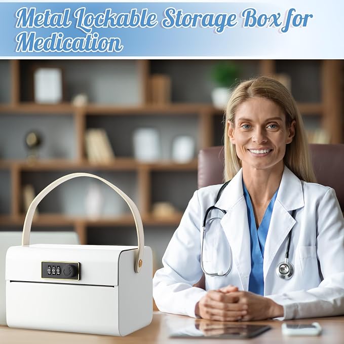 Honeydak Lock Box for Medication Metal Small Medicine Safe Pill Storage Box Portable Medicine Organizer with Combination Code and Handle for Refrigerator Fridge First Aid(White)