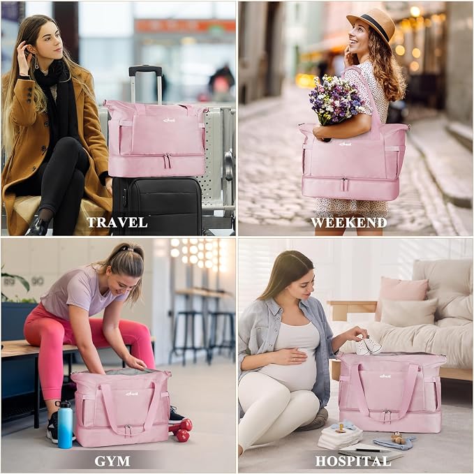 Gym Bag for Women, 45L Carry On Travel Duffel Bag with Shoes Compartment, Weekender Overnight Bag with Wet Pocket for Women, Travel, Gym, Weekend, Large Size