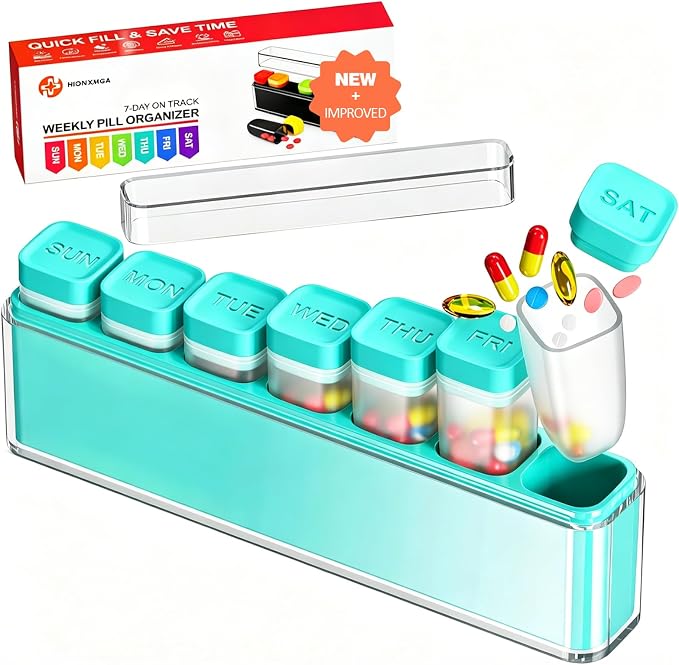 HIONXMGA Weekly Pill Organizer, Detachable 7-Color Pill Box, Easy Tracking | Portable Travel Pill Case Container for Daily Vitamin Supplement Fish Oil, Silicone-Seal, Lasting Labels, Quick Fill (Cyan)