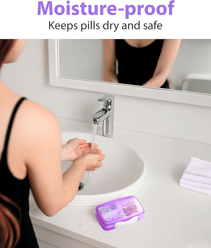 Travel Pill Organizer – Moisture-Proof Medicine Pill Organizer with Labels, 8 Compartment Pill Box Case for Vitamins & Supplements, Portable Pocket Pharmacy (Purple)