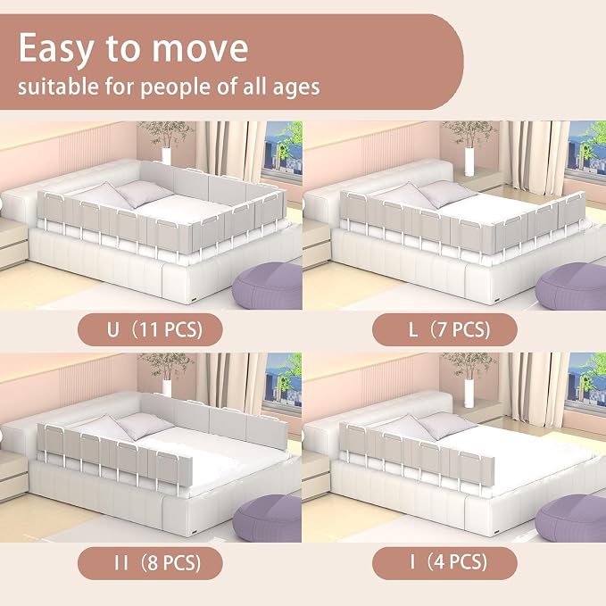 Bed Rail, Bed Rail for Toddlers, Kid, 78.7 Inch Bed Side Rails Safety for Queen, King, Full, Twin, Bunk, Dorm Beds to Prevent Falls, Bed Barrier for Dogs, Easy Installation (Gray, 4 Packs)
