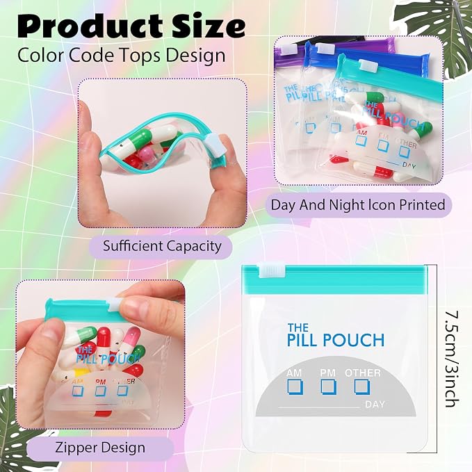 Sherr 35 Pcs Pill Pouch Bags with Zipper Pill Pouch Set Travel Reusable Translucent Medicine Organizer Self Sealing Plastic Bag with Slide Lock for Storage(Vivid Colors,3 x 3 Inch,Day Style)