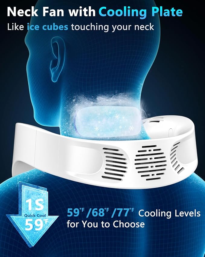 FWV Neck Fan with Cooling Plate, 5500mAh 3-24Hrs Battery, Ultra Quiet 5-Speed USB-C Necklace Cooler, LED Display for Battery&Speed,Hands-Free Bladless Mini Fans for Travel Office Indoor Outdoor White