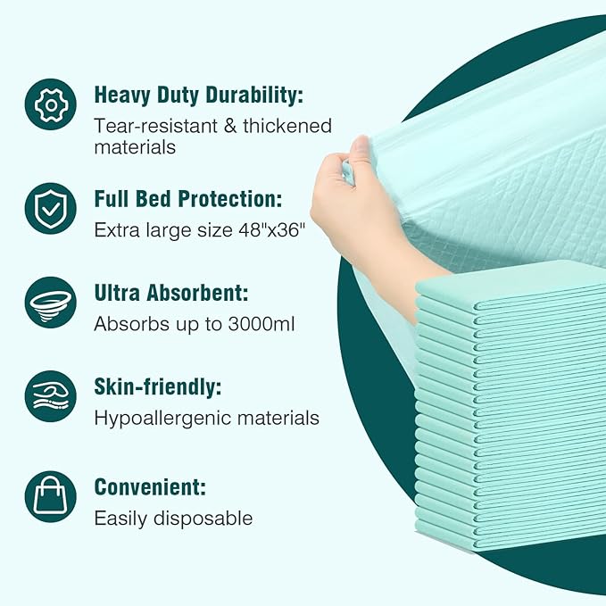 Tear-Resistant Disposable Bed Pads 48" x 36" 50 Count Underpads Extra Large Incontinence Bed Pads Heavy Duty Absorbency Chux Pads Pee Pads for Adult Elderly Puppy Pads for Training