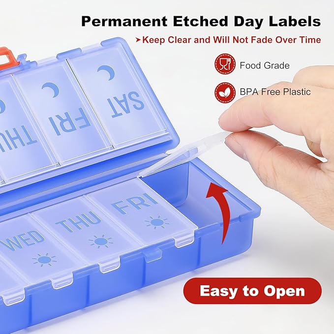 Foldable Pill Organizer 2 Times a Day w/Etched Labels -Dual Protection & Portable Weekly AM PM Pill Box, 7 Day Medicine Container, Large Travel Pill Case for Week Daily Supplement Vitamin -Clear Blue