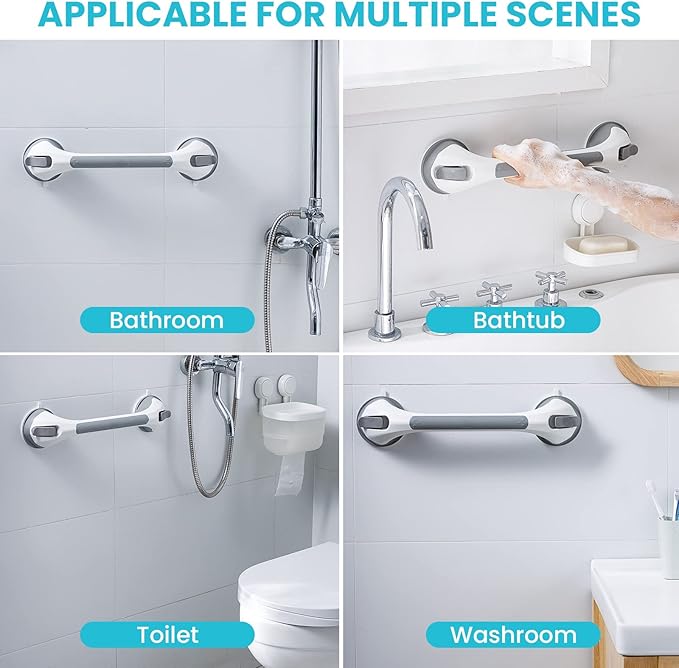TAILI Shower Grab Bar 16 Inch Suction Cup Grab Bars for Bathroom, Removable Shower Safety Handle Heavy Duty Bathtub Grip for Seniors & Elderly, Strong Handrails No Drilling Waterproof, Grey