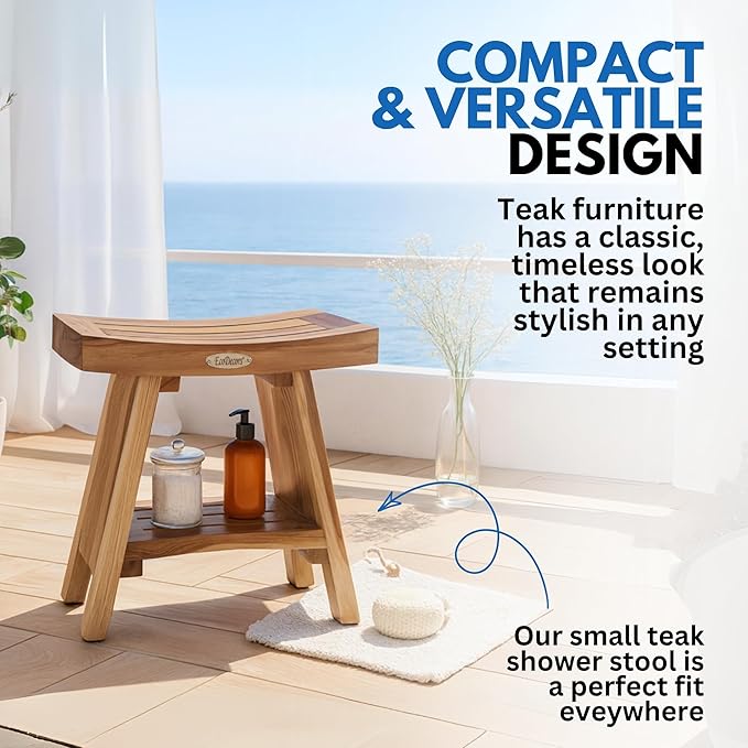 EcoDecors Serenity Teak Shower Bench,18 Inch, Natural Finish + Loveable 24 oz Teak Oil + Loveable 32 oz Teak Cleaner Spray Bottle