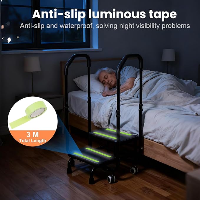 Step Stool with Handle for Elderly Adjustable Dual Handles, 4 Lockable Wheels, Non-Slip Platform Bed Steps for High Beds for Adults, Suitable for Bathtubs and Kitchens, Also Functions as a Foot Stool