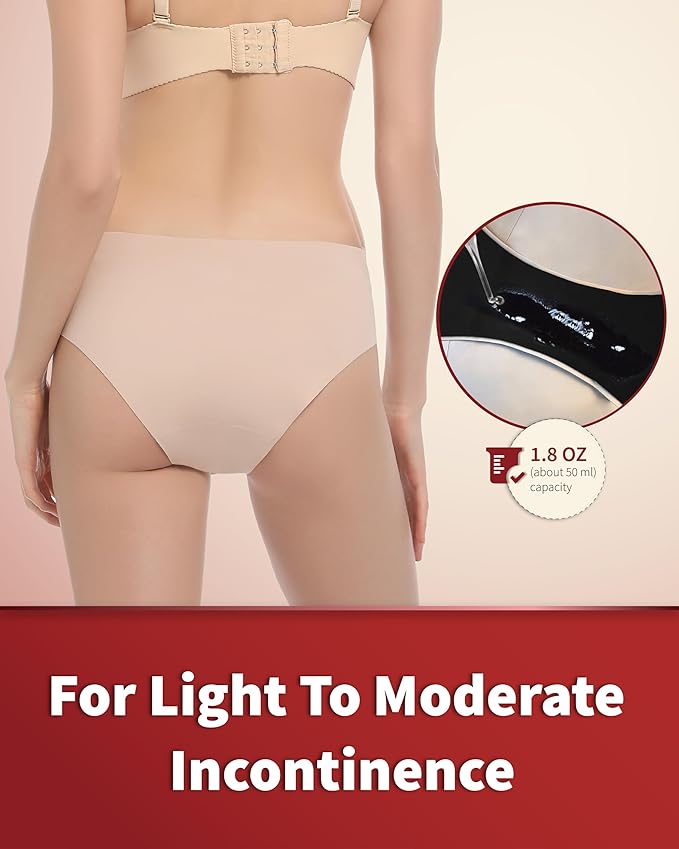 Washable Incontinence Underwear for Women, 1.8 oz Absorbency Leak Proof Seamless Mid Rise Briefs for Postpartum 3 Pack (Beige, L)