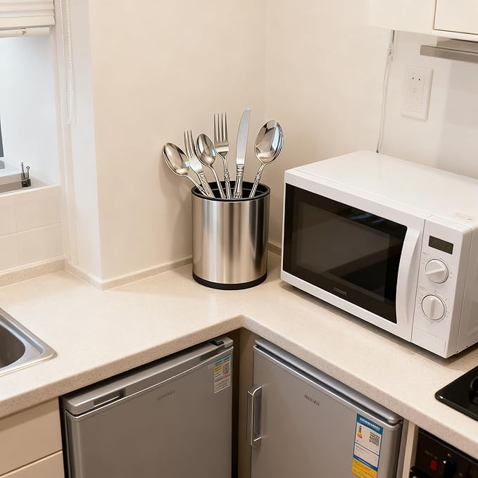 Kitchen Utensil Holder for Kitchen Counter,360° Rotating Stainless Steel Utensils Holder,Large Cooking Utensils Holder with Removable Base,3 Compartments Cutlery Holder