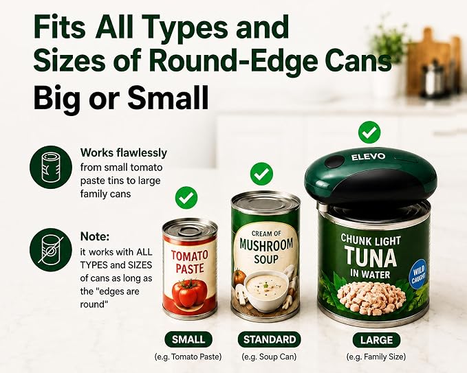 ELEVO Electric Can Opener – USB-C Rechargeable, Hands-Free Automatic Tin Opener | 360° One-Touch Smooth Edge, Magnetic Lid Lifter & Stuck Lid Remover | Portable & Safe Kitchen Tool