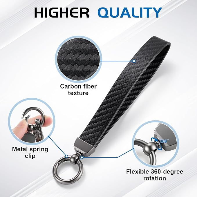 JUSTTOP Leather Wristlet Keychain, Carbon Fiber Car Key Chain with Anti-Lost D-Ring and 2 Key Rings, Compatible with Most Car Keys, Car Accessories, A Great Gift for Men and Women (Black)
