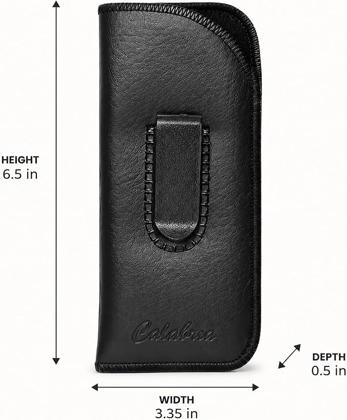Calabria Slim Eye Glasses Case w/Clip Soft PU Leather Black Men Women Eyeglasses Pouch Slip-In Eyewear Holder Sunglass Bag - 50PACK