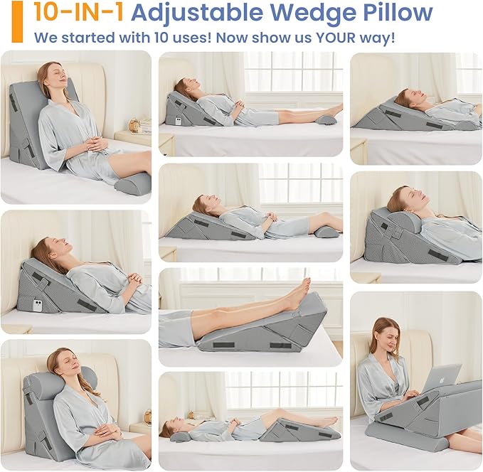 Sasttie Wedge Pillow Set for After Surgery, 3PCS Adjustable Bed Wedge Pillow Headboard with Memory Foam Neck Cushion – for Acid Reflux, Sleeping, Neck & Back Support, Dark Grey
