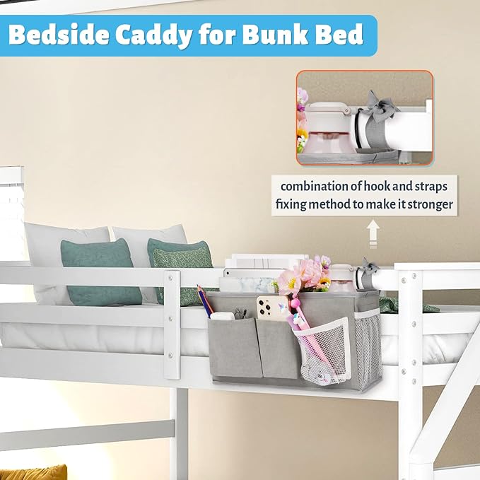 Bedside Caddy, Bedside Storage Bag Hanging Organizer for Bunk Dorm Bed Rail | Bed Caddy with Hooks, Top Bunks and Dorm Essentials for Water, Tissues, Tablets, Books, Phones, Remotes and Other Necessories