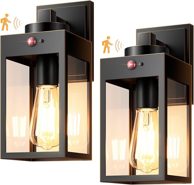 Gleamz Motion Sensor Outdoor Wall Light Fixtures, Anti-Rust, Waterproof | Dusk to Dawn Modern Black Gold Trim Exterior Light Fixtures Wall Mount for House, Garage, Coach, Entryway, Waterproof, 2-Pack