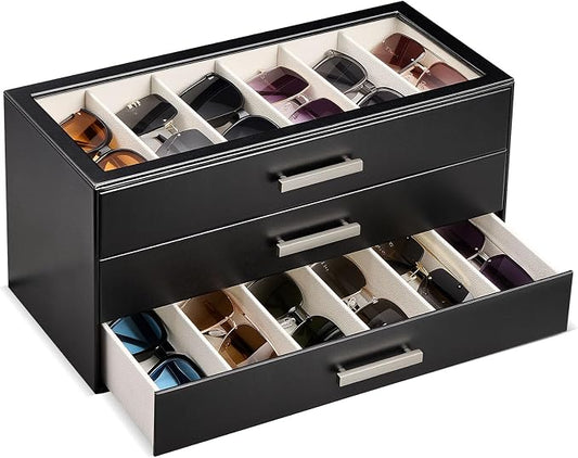 ProCase Sunglasses Organizer Box with Clear Glass Lid, PU Leather Eyeglass Storage Display Case for Men and Women