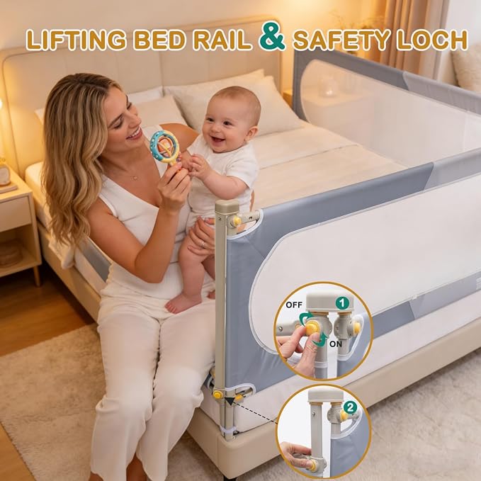 Bed Rail for Toddlers Queen Mattress Size Swing Down Side Rail Guard Rail for Kids (Gray and White, Calking)