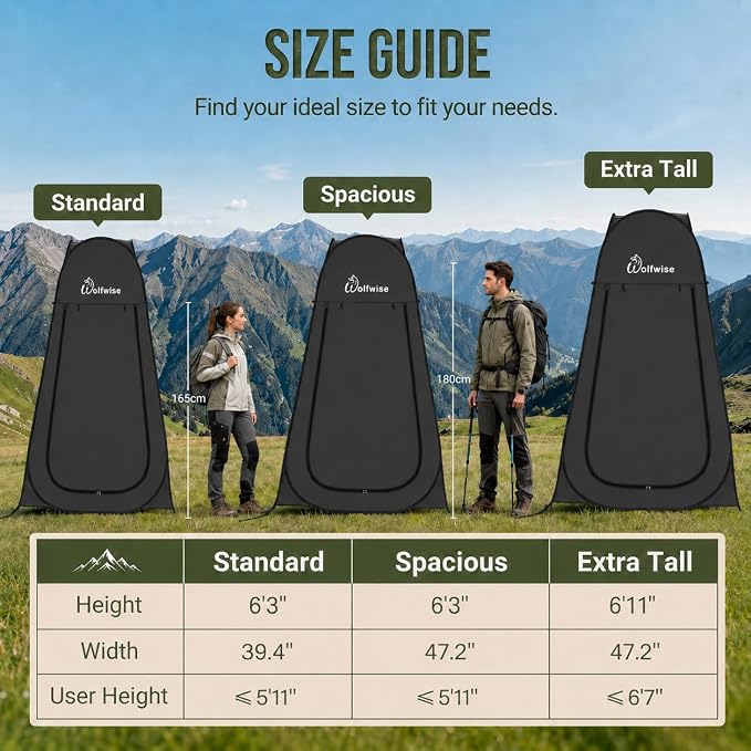 WolfWise Pop Up Shower Tent for Camping Essentials, Compact & Lightweight | Portable Instant Changing Tent with Window & Carry Bag, Privacy Dressing Room Bathroom for Outdoor, 6'3"/6'11" H