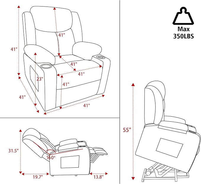 Ketaiyou Electric Power Lift Recliner Chair Sofa with Massage and Heat for Elderly, USB and Type-C Ports, Cup Holders, Infinite Position (Coffee 2, Regular)