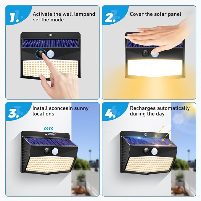 20 Pack Solar Motion Sensor Lights Outdoor Waterproof with 3 Modes | Warm White, Black Frame, LED, Solar Powered, Security Lighting for Outside Wall Garden Fence Yard Deck Patio Garage