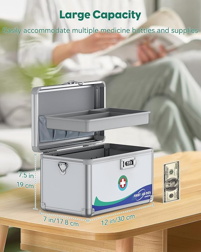 Uniclife Medicine Lock Box First Aid Box with Combination Lock, Handle & Shoulder Strap, Portable Medication Lock Box, 12" x 7" x 7.5" Silver Aluminum Alloy Storage Box