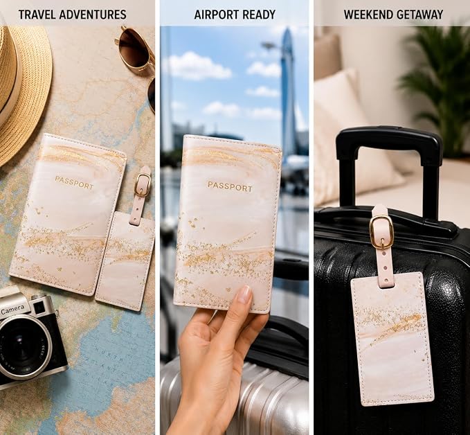 WORD TRAVELER Passport Cover Holder And Luggage Tag Set In Gift Box | Faux Material, Adjustable Buckle Strap, Privacy ID Window, Slim Lightweight Build for Easy Carry