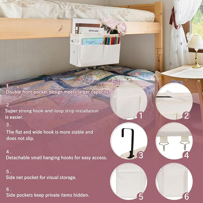 Bedside Caddy Organizer 5 Pockets and 4 Hooks for Bunk Bed White | Hanging Storage Bag for Headboards