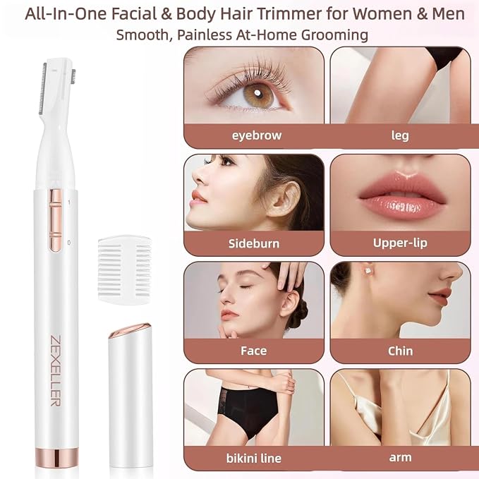 Upgraded Eyebrow Trimmer, Precision Electric Razor for Women Men, Battery Operated Painless Facial Hair Remover with Adjustable Comb & Washable Blade (Face, Upper Lip, Chin, Neck)