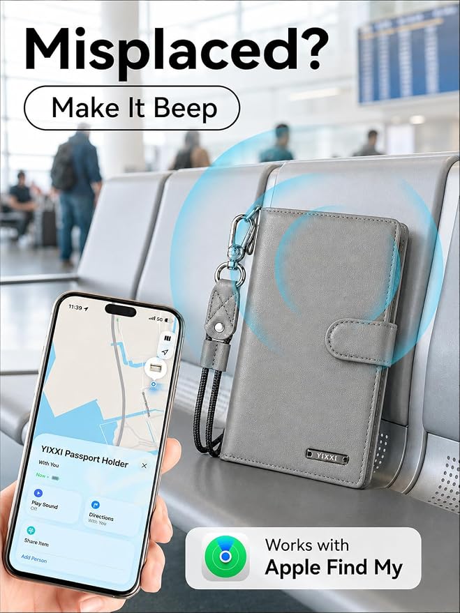 Trackable Passport Holder for Travel, RFID Blocking Wallet, Grey | Rechargeable PU leather cover works with Apple Find My and is Apple MFi certified; it includes card storage and a lanyard.