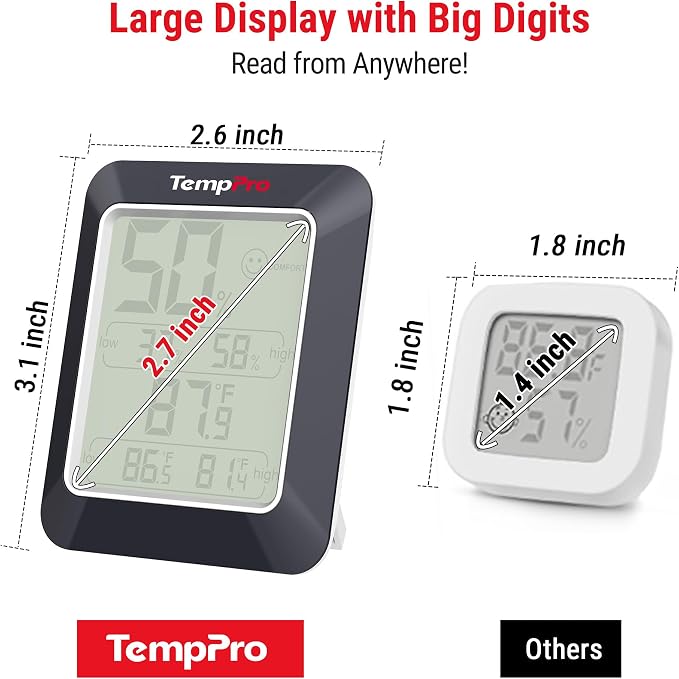 TempPro TempAir Digital Hygrometer Indoor Thermometer Humidity Monitor | Humidity Meter Room Thermometer Humidity Gauge with Temperature Humidity Monitor for House Celler Kitchen Greenhouse, Black