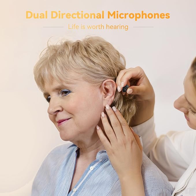 Supermini Hearing Aids for Seniors with Digital Chips, 80H Wireless Charging Case OTC Rechargeable Hearing Amplifiers Invisible with 16-Channel Sound Processing 3 Levels Volume (Black)