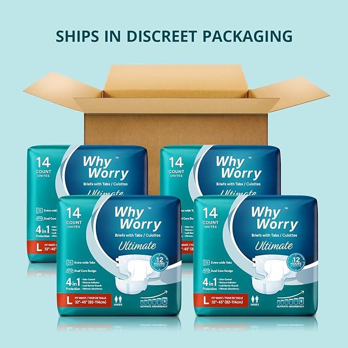 WhyWorry Ultimate Adult Diapers for Men and Women, Disposable Adult Briefs for Incontinence, Incontinence Briefs with Tabs, Ultimate Absorbency, Odor Control, Large, 56 Count (4 Packs of 14)