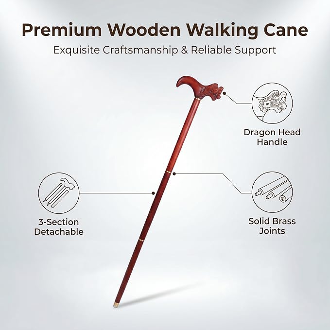 Handcrafted Solid Wood Walking Cane, 3-Section Detachable Brass Joints, Heavy Duty 400+ lbs Support, Lightweight 0.88 lbs, Anti-Slip Rubber Tip, 34.6 in