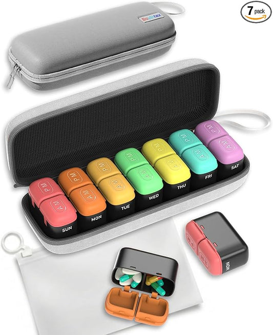 Weekly Pill Organizer 2 Times a Day, 7 Day Travel Medicine Pill Organizer with Moisture-Proof Silicone Lid, AM PM Daily Pill Box for Vitamins & Supplements, Aesthetics Pill Case(Rainbow)