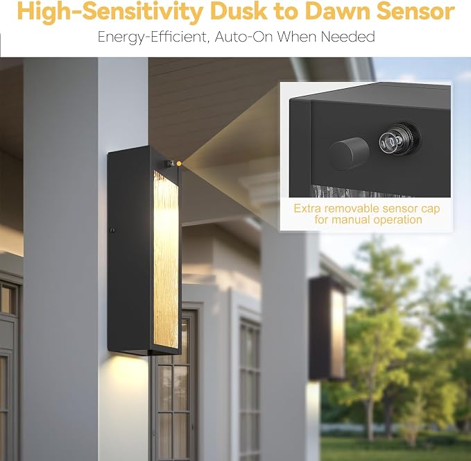 LED Outdoor Wall Light Fixtures Dusk to Dawn 2-Pack Porch Light | 15in Large Modern Sconce, Water Ripple, Waterproof, Exterior Lighting Wall Mounted, Outside Lantern for Garage Front Door