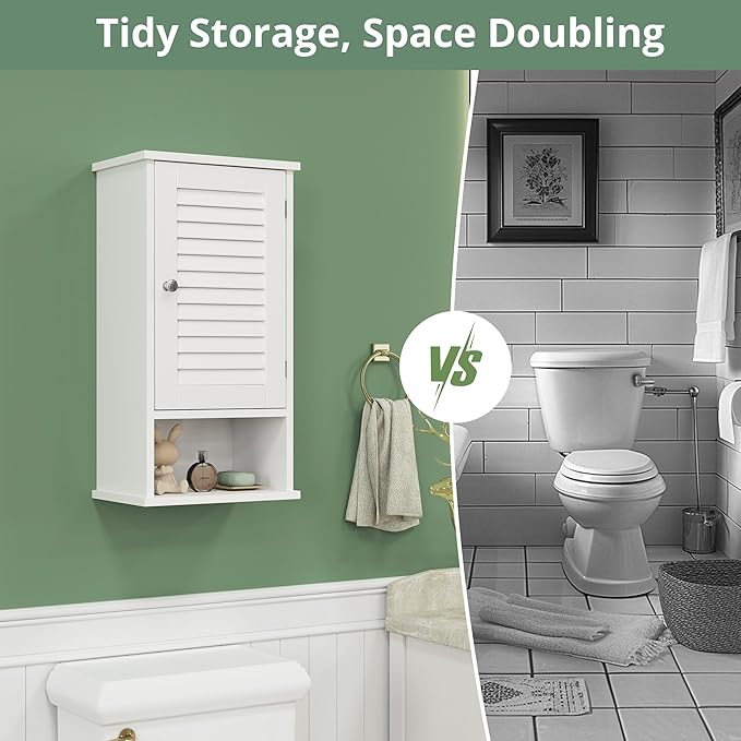 Small Bathroom Wall Cabinet, Slim Single Louvered Door Narrow Over The Toilet Storage, Adjustable Shelves, Space Saver Organizer, 13.4x8.9x25.3 inches
