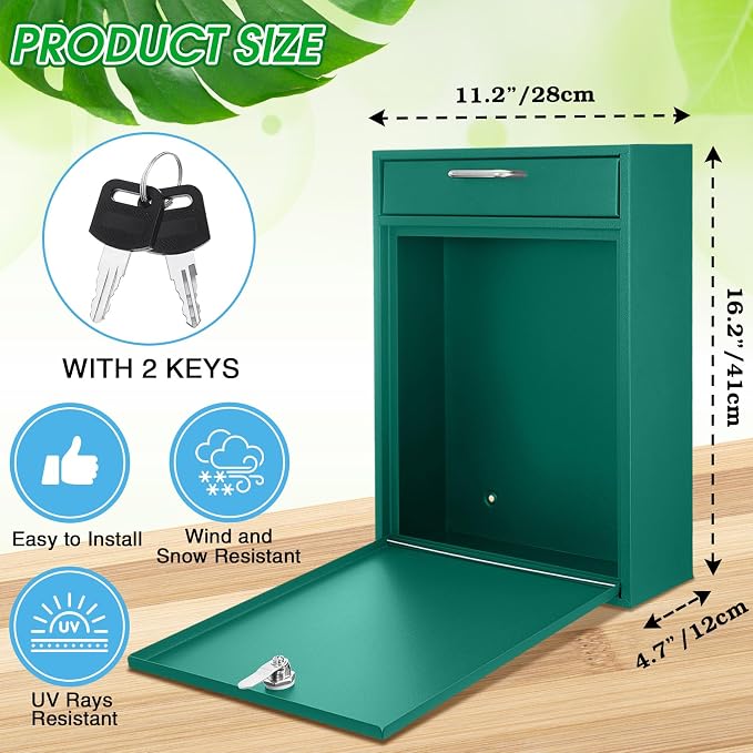 Yaocom Locking Mailbox with Key for Outdoor 16.2 x 11.2 x 4.7 Inches Large Wall Mount Mail Box with Lock Security Mail Drop Metal Collection Boxes Hanging Secure Postbox(Green)