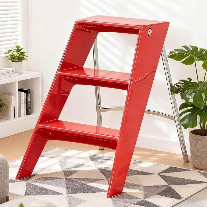 Acrylic 3 Step Ladder Folding Step Stool for Adults Foldable Small Step Stool Ladder for Kitchen Plastic Stepladder Modern Collapsible Ladder for Closet Home Bathroom Indoor (Red)