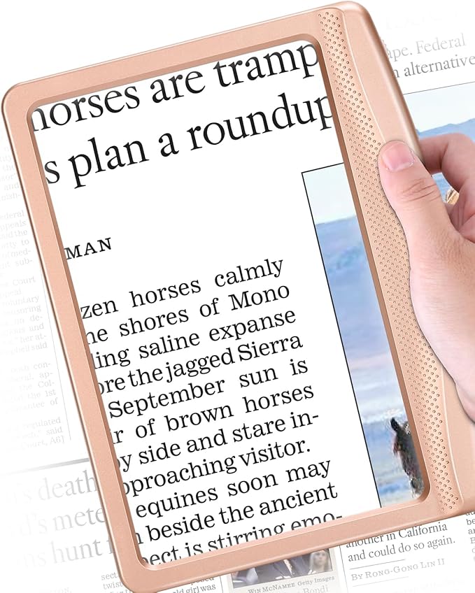 Rechargeable 5X Magnifying Glass for Reading, Large Bright Full Page Magnifier with Light, Handheld LED Dimmable Lighted, Lightweight Book Magnifier for Reading Prints Seniors - Rose Gold