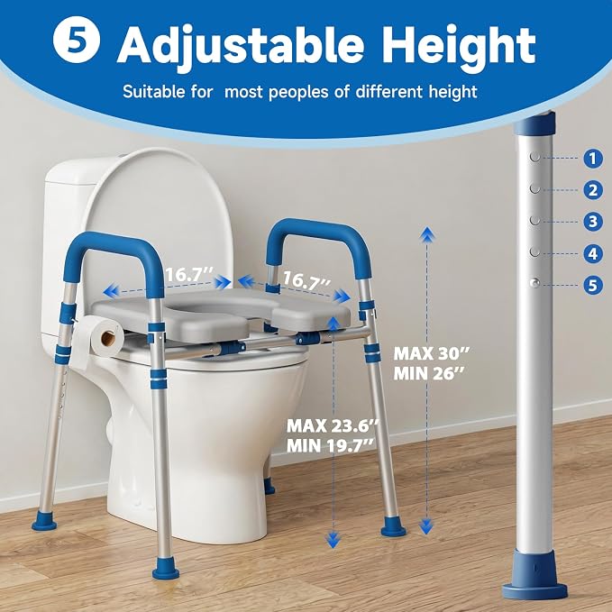 Raised Toilet Seat with Handles, Blue | Adjustable Height & Width, 400lbs Capacity, Padded, For Seniors, Disabled, Post-Surgery, Fits Most Toilets
