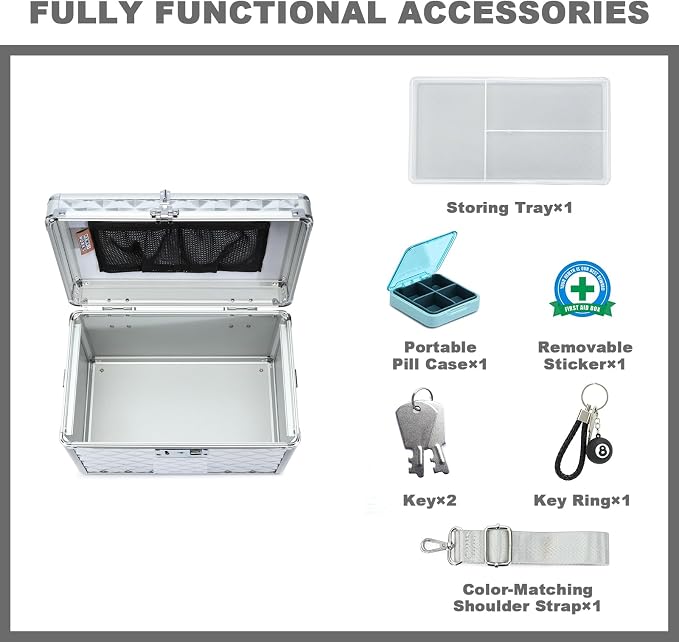 Storage Box with Key Lock, Lockable Medicine Storage Box, Empty First Aid Box, Security Lock Box, Multipurpose Locking Box for Home and Outdoor Use (Silver, Large)