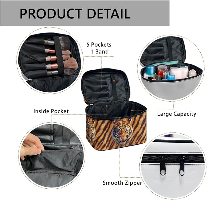 Tiger Head Print Cosmetic Bag Makeup Bags Toiletry Pouch, Black Orange Tiger Stripes Makeup Cosmetic Organizer Dopp Kit Travel Accessories Essentials
