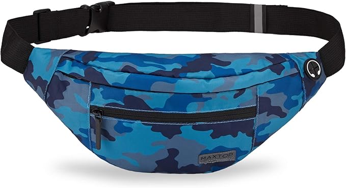 MAXTOP Camo Blue Fanny Pack for Men Cross Body Bag Carrying All Phones | 4-Zipper Pockets,Polyester,Adjustable Straps,Headphone Jack,Ideal Gift for Outdoor Hiking Running
