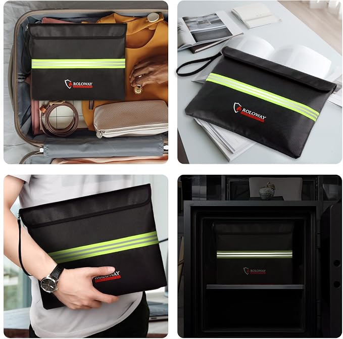 ROLOWAY Fireproof Document Bag (14 x 11 inch) with 5200℉ Upgraded Aluminum Foil Layer, Fireproof Bag for Documents with Reflective Strip and Zipper (Black)