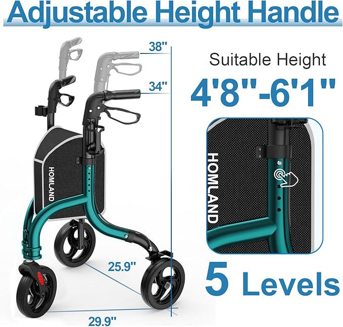 HOMLAND 3 Wheel Walkers for Seniors, Foldable Wheeled Rollator with Cane Hold and Cup Hold, Lightweight Three Wheel Rolling Walker Height Adjustable for Seniors