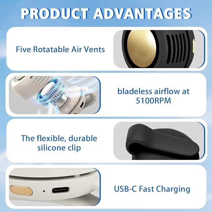 Portable Fan,Clip On Waist Bladeless, Ultra-Quiet Personal Mini Neck Fan | 3 Speeds with 360°Adjustable Clip Mini Fan Personal USB Rechargeable Small Fan for Summer