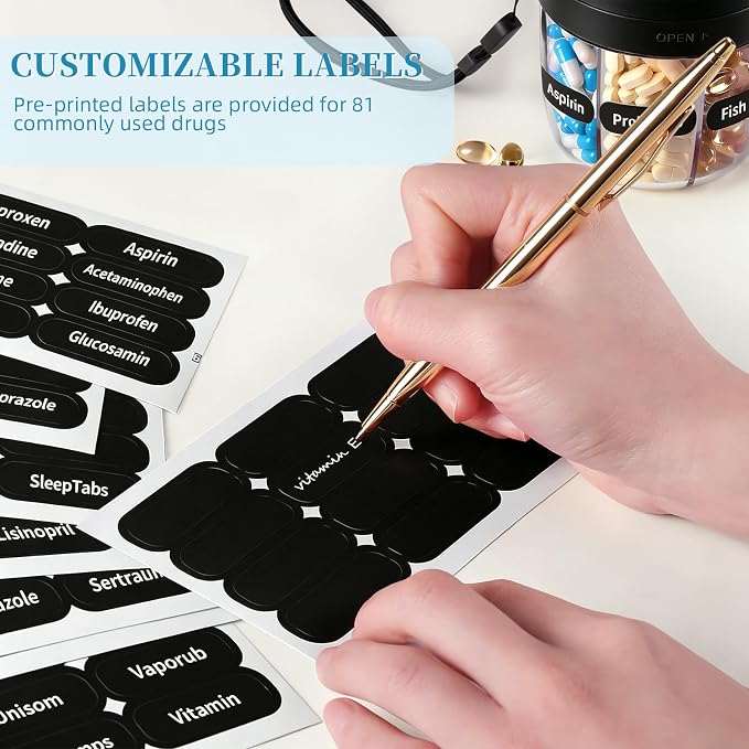 Pill Organizer,Travel Essentials Pill Container, Travel Pill Dispenser with Black Lid，Pill Case Having 7 Large Compartments,Vitamin Organizer for Home Organization,Travel Containers