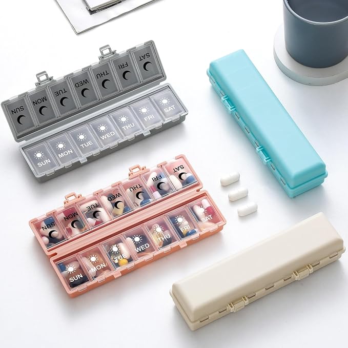 Foldable Pill Organizer Weekly 2 Times a Day, 7 Day Portable AM PM Travel Pill Case with Black&White Labels, Dual-Protection Daily Medicine Box, Large Pill Container for Vitamin/Supplement-Blue